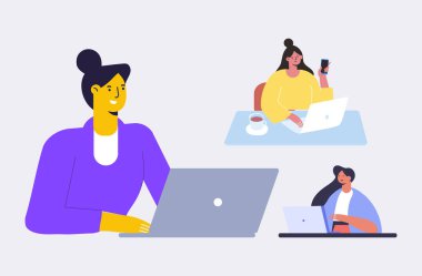 Dizüstü bilgisayarda çalışan kadın vektör düz illüstrasyon seti