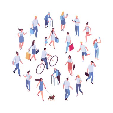 Yürüyen farklı insanlar. Kalabalık vektör seti. Beyaz arka planda izole kadın ve erkekler