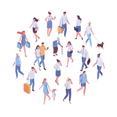 Yürüyen farklı insanlar. Kalabalık vektör seti. Beyaz arka planda izole kadın ve erkekler