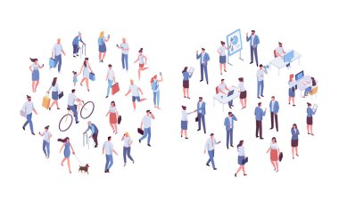 Different isomeric people vector set isolated on white. Male and female characters. Flat isometric vector.	