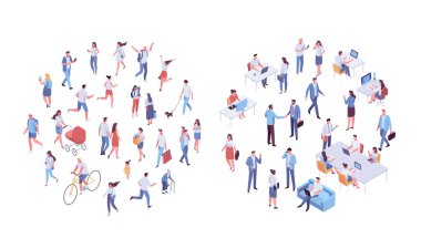 Different isomeric people vector set isolated on white. Male and female characters. Flat isometric vector.	