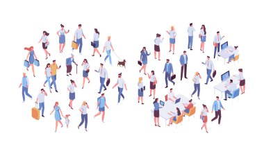 Different isomeric people vector set isolated on white. Male and female characters. Flat isometric vector.	