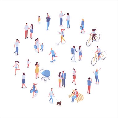 İzometrik vektör arka plan insanları. Şehir caddesi, park. Dışarıda yürüyen, bisiklete binen, bankta oturan arkadaşlarıyla, evcil hayvanlarıyla yürüyen farklı insanlar. Aile bir arada. Düz vektör izole edildi.