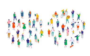 Farklı izometrik karikatür insan vektörü beyaz üzerine izole edildi. Erkek ve dişi açık havada faaliyet gösteriyor. Yüz basit tasarımı yok 
