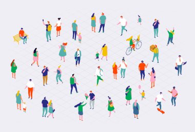 Farklı izometrik karikatür insan vektörü beyaz üzerine izole edildi. Erkek ve dişi açık havada faaliyet gösteriyor. Yüz basit tasarımı yok 