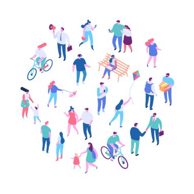 Farklı izomerik insan vektörleri beyaza izole edilmiş. Erkek ve kadın karakterler. İnsanlar açık hava aktiviteleri izometrik vektör kümesi