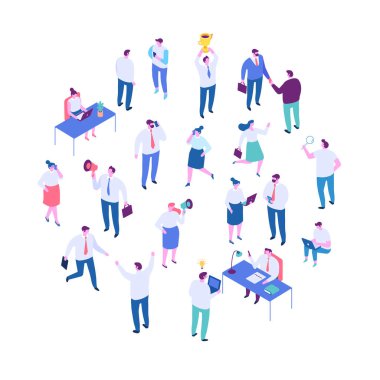 İzomerik karikatür ofis insanları vektör seti. Ofis hayatı. İş adamları, takım çalışması.. 