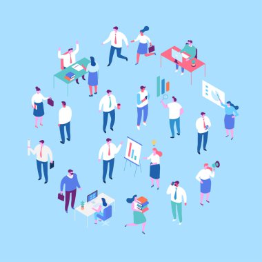 İzomerik karikatür ofis insanları vektör seti. Ofis hayatı. İş adamları, takım çalışması.. 