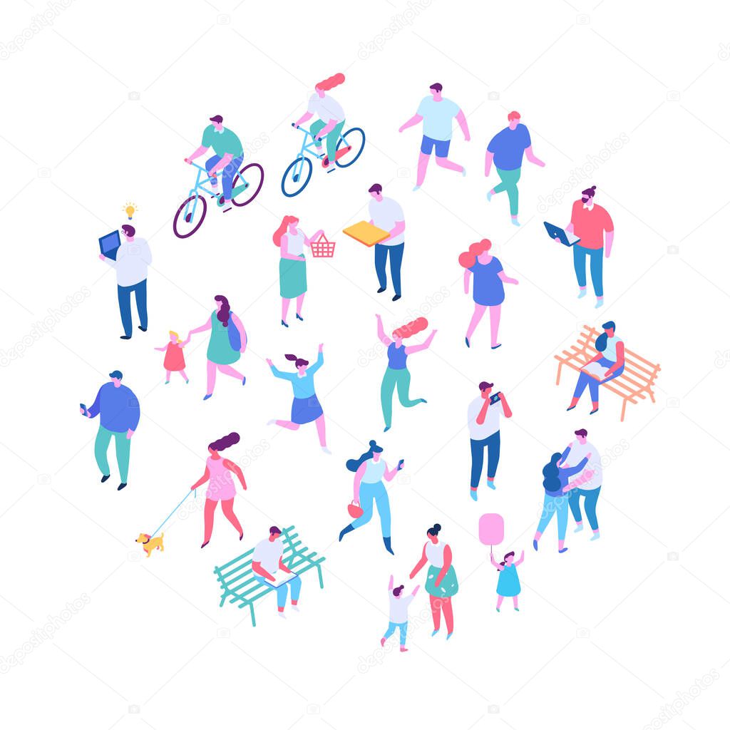 Different isomeric people vector set isolated on white. Male and female characters. People outdoor activities isometric vector set