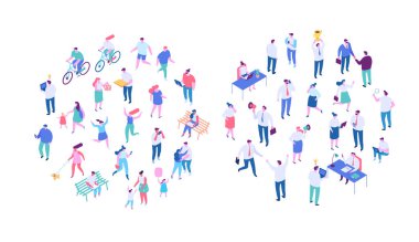 Farklı Isometric karikatür insan vektör kümesi. Açık hava aktiviteleri ve ofis hayatı. İş adamları, takım çalışması. Yürüyen insanlar