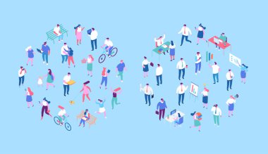 Farklı Isometric karikatür insan vektör kümesi. Açık hava aktiviteleri ve ofis hayatı. İş adamları, takım çalışması. Yürüyen insanlar