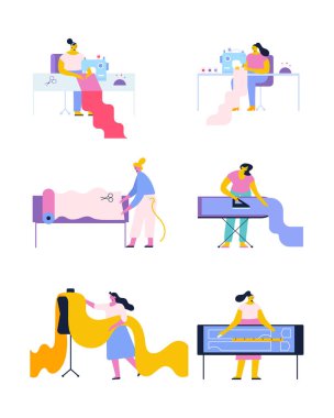 İş yerindeki kadın moda tasarımcısı. Güçlü dikiş makinesi kullanan genç bir kadın. Terzi mankeni olan bir terzi. İzole düz illüstrasyon