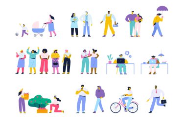 Beyaz arka planda izole edilmiş kadın ve erkek vektör koleksiyonu.