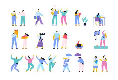 Beyaz arka planda izole edilmiş kadın ve erkek vektör koleksiyonu.