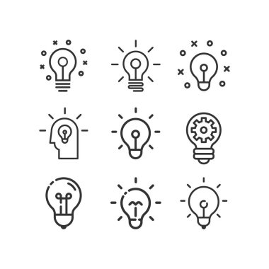 Fikir, iş hattı simgesi seti. Yaratıcı. Ampul. Elektrik.