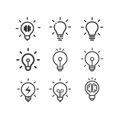 Fikir, iş hattı simgesi seti. Yaratıcı. Ampul. Elektrik.