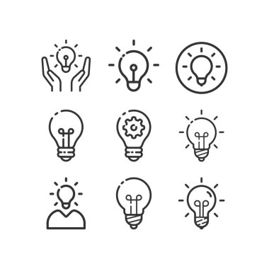 Fikir, iş hattı simgesi seti. Yaratıcı. Ampul. Elektrik.
