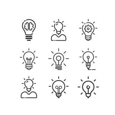 Fikir, iş hattı simgesi seti. Yaratıcı. Ampul. Elektrik.