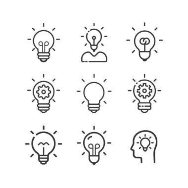 Fikir, iş hattı simgesi seti. Yaratıcı. Ampul. Elektrik.
