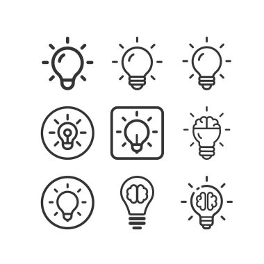 Fikir, iş hattı simgesi seti. Yaratıcı. Ampul. Elektrik.