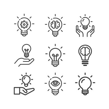 Fikir, iş hattı simgesi seti. Yaratıcı. Ampul. Elektrik.