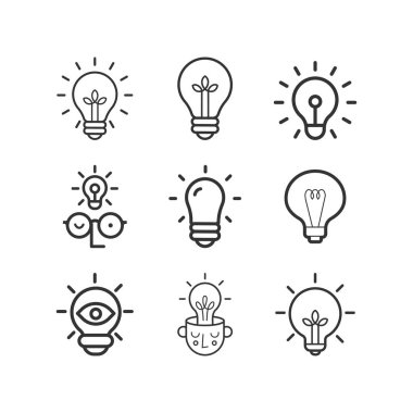 Fikir, iş hattı simgesi seti. Yaratıcı. Ampul. Elektrik.