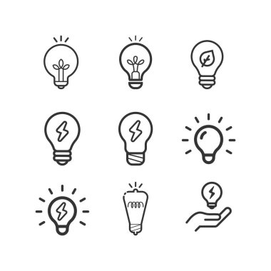 Fikir, iş hattı simgesi seti. Yaratıcı. Ampul. Elektrik.