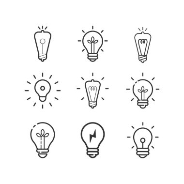 Fikir, iş hattı simgesi seti. Yaratıcı. Ampul. Elektrik.