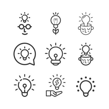 Fikir, iş hattı simgesi seti. Yaratıcı. Ampul. Elektrik.