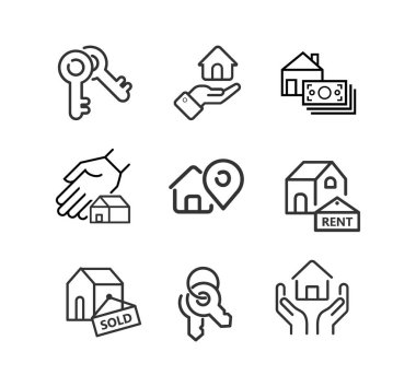 Emlak simgeleri. Emlakçı. - Ajan. Ev al. gerçek