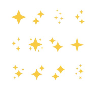 Pırıltılı düz simge seti. Parıldayan, parıldayan yıldızlar, parıldayan