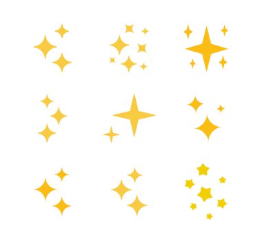 Pırıltılı düz simge seti. Parıldayan, parıldayan yıldızlar, parıldayan