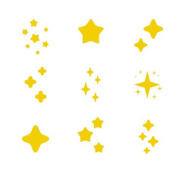 Pırıltılı düz simge seti. Parıldayan, parıldayan yıldızlar, parıldayan