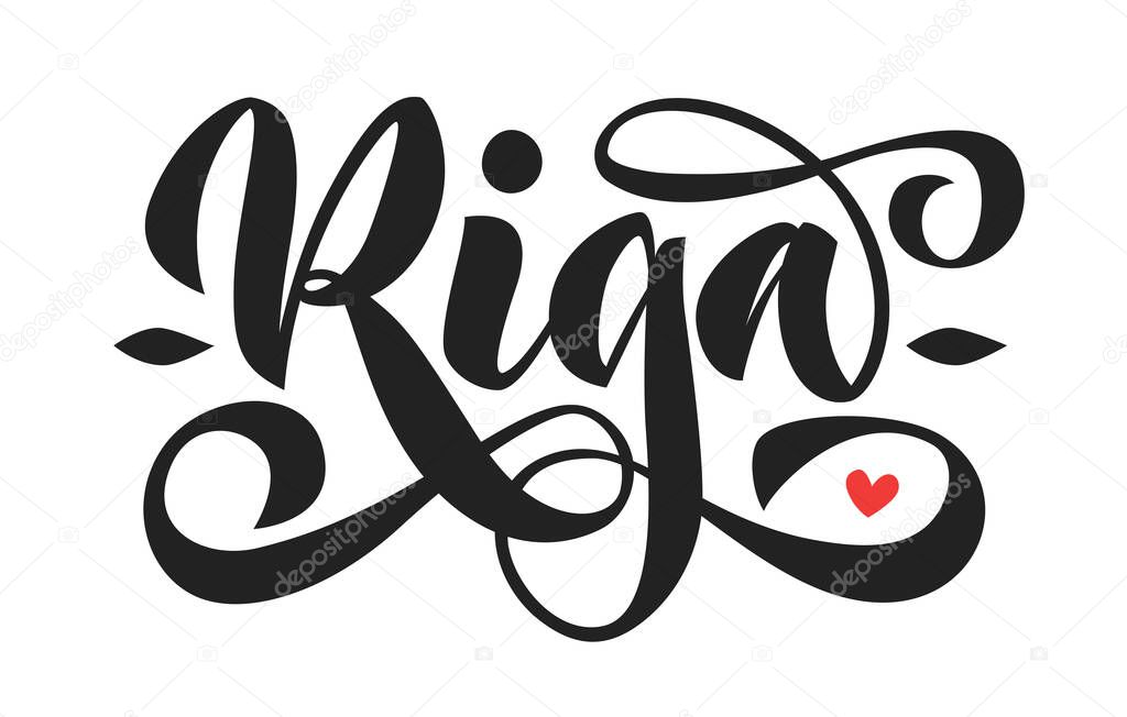 Riga hand written word in brush lettering style with volutes