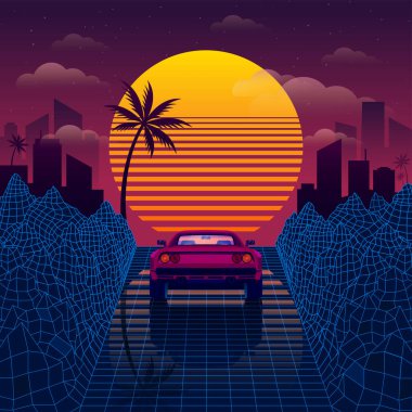 Mavi yoldaki Retro araba 3D dağların arasında Sentetik dalga ya da Retrowave tarzı 80 'lere ve 90' lara geri gidiyor.