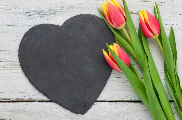 Tulipes rouges sur fond blanc avec un signe en forme de cœur — Photo