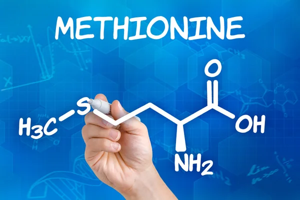 Hand with pen drawing the chemical formula of Methionine — Stock Photo, Image