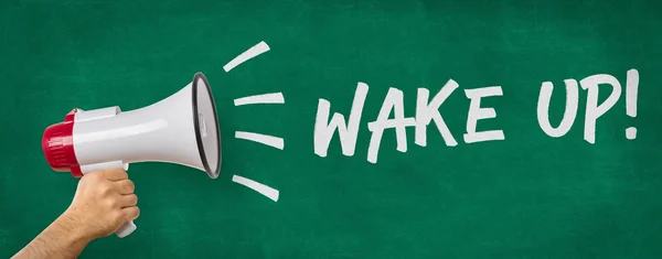 Een man met een megafoon - Wake up — Stockfoto