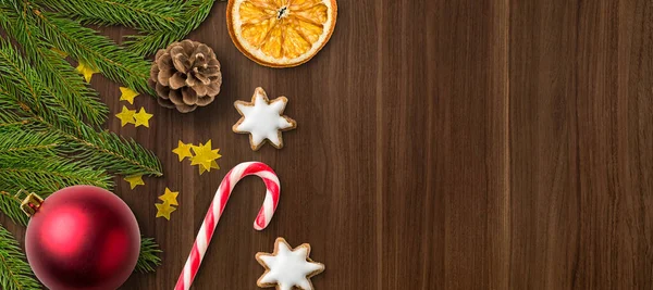 Kerstversiering Een Houten Achtergrond Met Kopieerruimte — Stockfoto