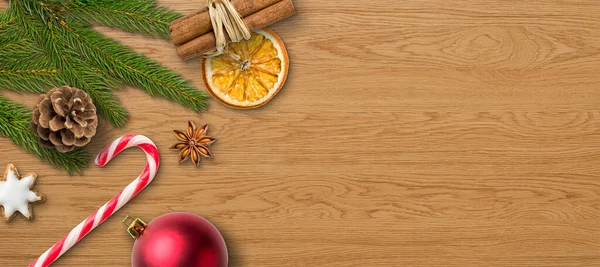 Kerstversiering Een Houten Achtergrond Met Kopieerruimte — Stockfoto