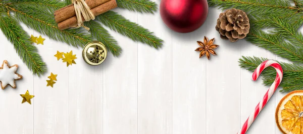 Christmas Decorations Wooden Background Copy Space — Stock Photo, Image