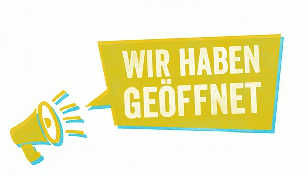 メガホンとスピーチバブル付き切手 ドイツ語で開かれています Wir Haben Geffnet — ストック写真