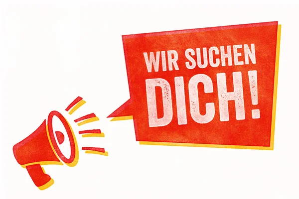 Pieczęć Megafonem Bańką Mowy Szukamy Cię Języku Niemieckim Wir Suchen — Zdjęcie stockowe