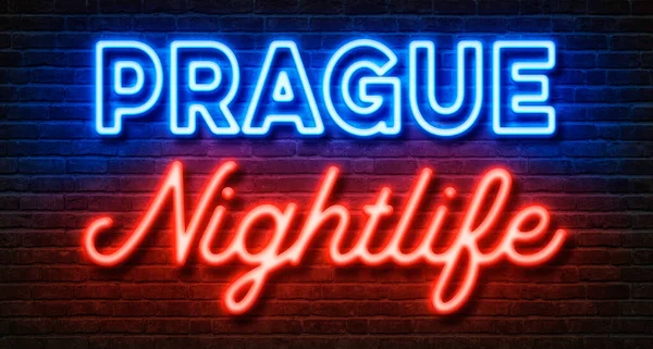 Неоновая Вывеска Кирпичной Стене Prague Nightlife — стоковое фото