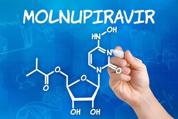 Ruka Perem Kreslení Chemický Vzorec Molnupiravir — Stock fotografie