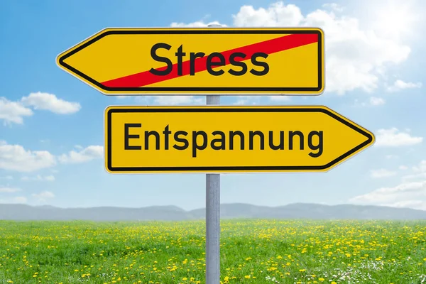 Δύο Σημεία Κατεύθυνσης Άγχος Χαλάρωση Στρες Oder Entspannung Γερμανικά — Φωτογραφία Αρχείου