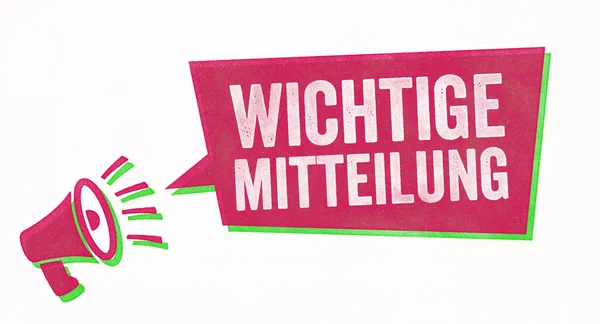 メガホンと音声バブルを備えた切手 ドイツ語で重要な発表 Wichtige Mitteilung — ストック写真