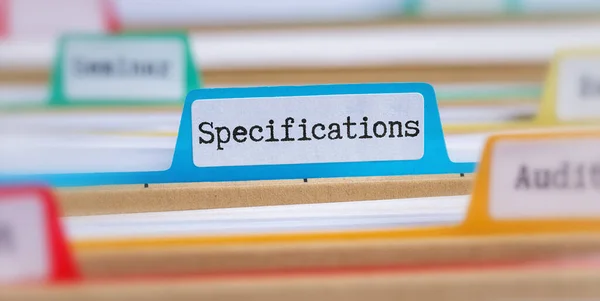 Bestandsmappen Met Een Tab Gelabeld Specificaties — Stockfoto