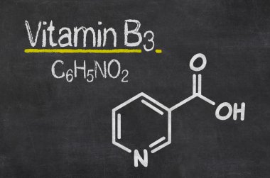 Blackboard with the chemical formula of Vitamin B3 clipart
