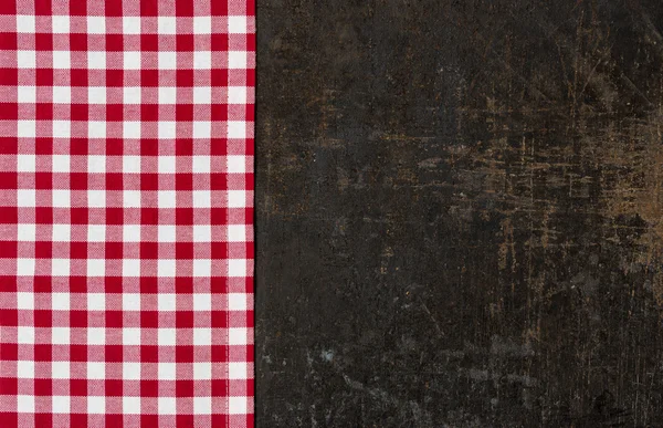 Antique baking tray with a red checkered tablecloth — Stock Photo, Image